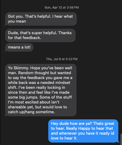 A producer's message to Skimmy months after their session, showing the feedback had a lasting impact.